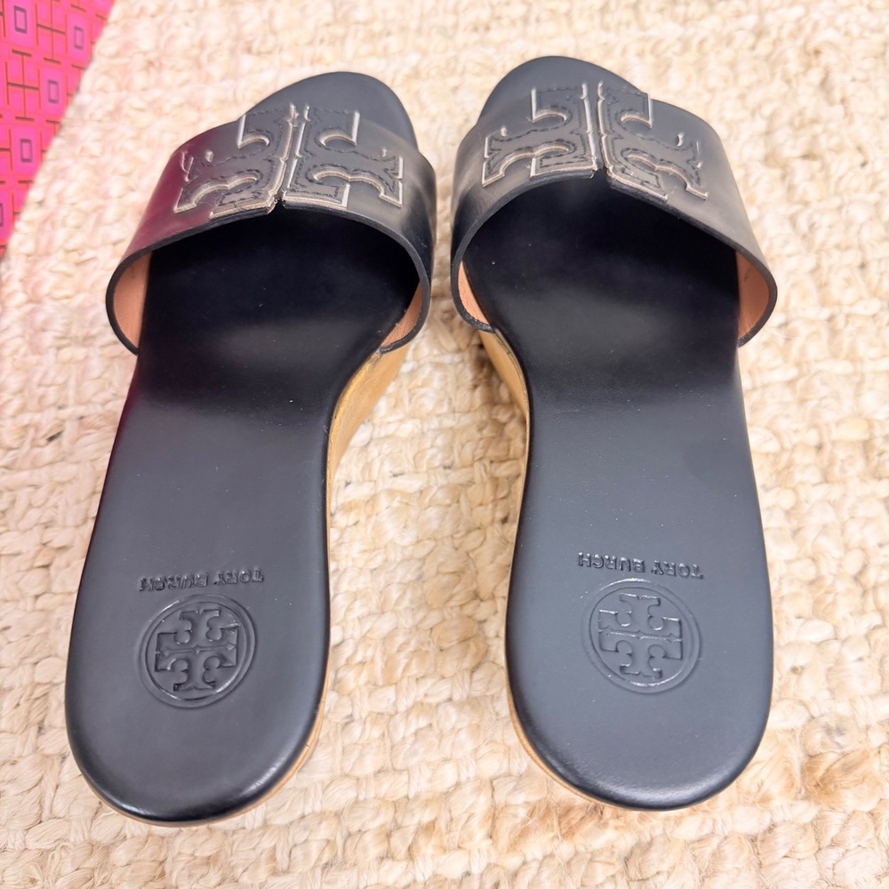 Tory Burch Ines 80mm Wedge Slide Black Silver Calf Leather Wood Sandal 72048 7.5 - Picture 4 of 9